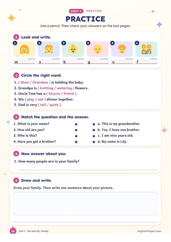 Page 18 of the book: Practice: write, circle, match and draw