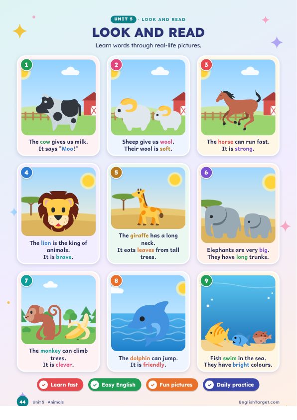Page 44 of the book: Look and read: 18 picture cards in every unit